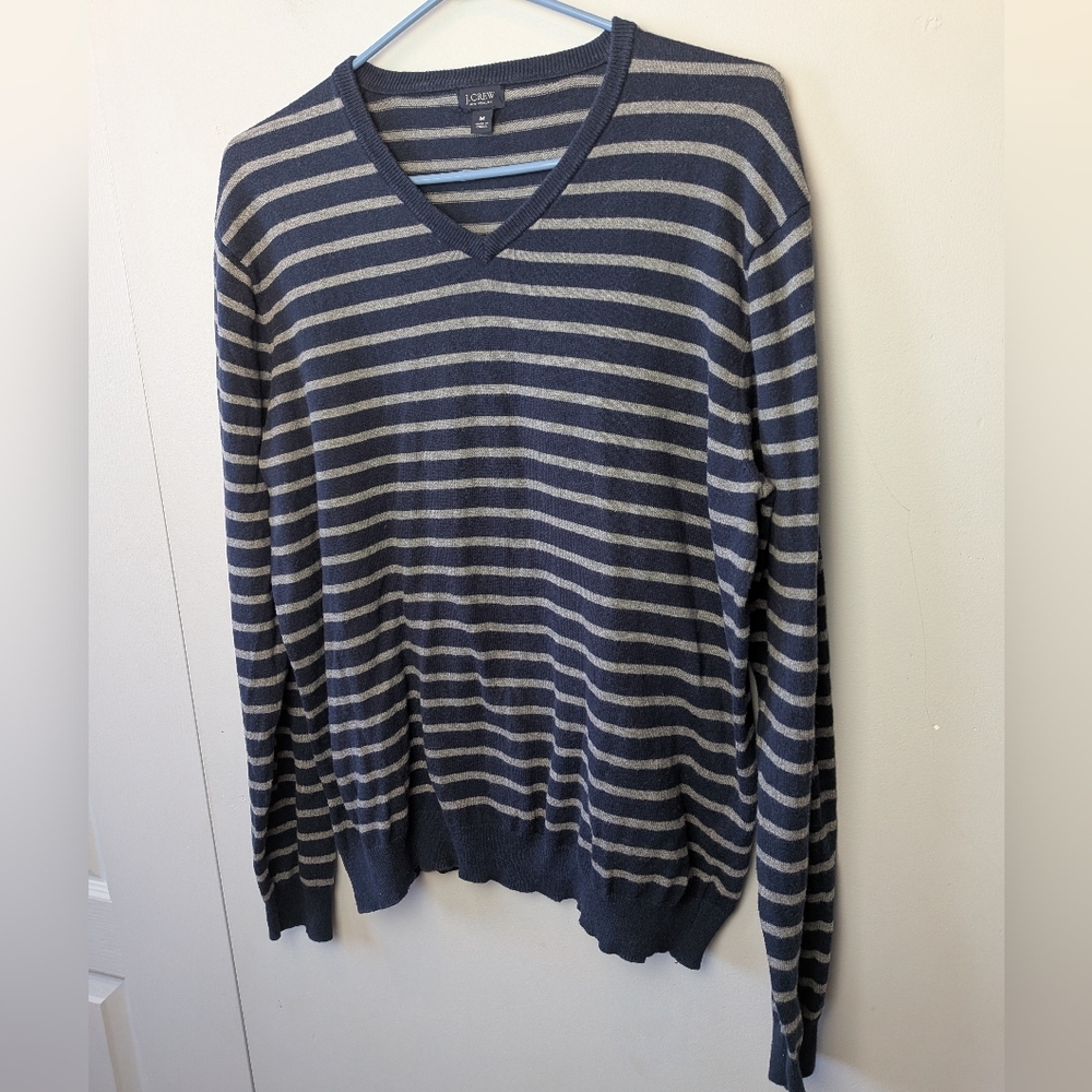 J. CREW Men Sweater V Neck Stripes Blue Beige Size M Cotton Cashmere Mix Classic